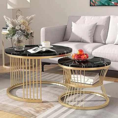 Furniture Caf Luxury Black Marble Nesting Coffee Table Set  Round Living Room Center Tables with Golden Metal Base & Storage Shelf