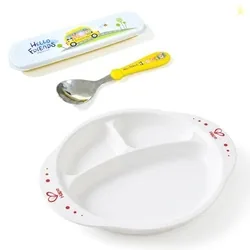 GLUN Premium Kids' Mealtime Set, 3 Compartment Feeding Plate with Durable Stainless Steel Spoon, Soft-Grip with Travel Case, Ergonomic Handle & Porta