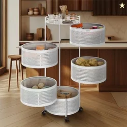 Amazon Brand - Solimo 360 Revolving Preassembled Portable 5 Layer Round Multipurpose Storage Kitchen Rack Carbon Steel Fruit Vegetable & Spice Trolley with Wheels for Kitchen Organizer(Matte, White)