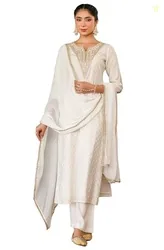 Women's Off White Chanderi Silk Gold Zari Yoke Embroidered Straight Kurta Set