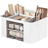 UCRAVO Plastic Multi-Functional Desk Organiser with 5 Compartments and 2 Drawer Desktop Office Supplies Stationery Storage Box Cosmetic Organizer for