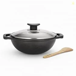 Cast Iron Kadhai 24cm with Glass Lid & Wooden Spatula | 3.3L, 2.4kg | Pre-Seasoned, Even Heat Distribution, Toxin & Teflon Free, Non-Stick, & Durable