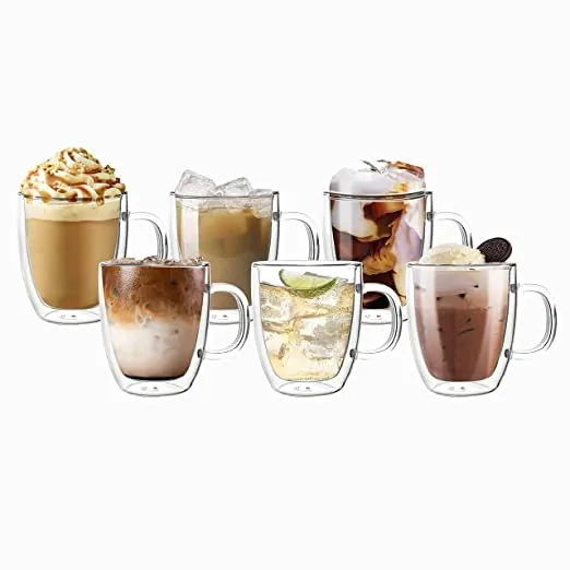 SIMPARTE Orchid Double Wall Glass Coffee Mugs 350ml Set of 6 Insulated Crystal Clear Tea Cups with Handle for Hot & Cold Coffee Latte Cappuccino Espre