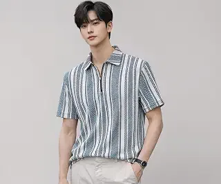 Mens Loose Fit Half Sleeve Vertical Striped Polo T-Shirt with Zip Collar | Premium Polyester Fabric | T Shirt for Man | Tshirt | Shirts Men | Tshirt