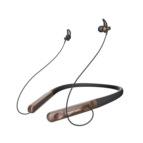 Amazon Basics in-Ear Wireless Neckband with Mic, Up to 18 Hours Play Time, Bluetooth 5.1, Voice Assistance, Noise Cancellation, IPX4 Water-Resistance, Magnetic Earbuds (Brown)