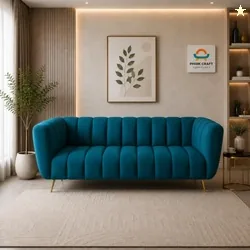 PHIRKCRAFT Velvet 3-Seater Kiki Sofa for Living Room | Modern Upholstered Couch with Channel-Tufted Backrest & Metal Accent Legs | Comfortable Seating for Bedroom, Office Lounge & Home Dcor | Blue