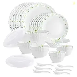 CELLO Tropical Lagoon Dazzle Series Opalware Dinner Set of 35 Pieces For Family of 6 | Bone-Ash Free & Leadfree Opal Glass, Microwave & Dishwasher Saf