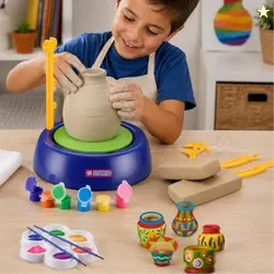 Storio Kids Art & Craft Pottery Wheel Kit|DIY Battery Operated Pottery Making & Painting Set|Modeling Clay,Sculpting Tools & Paints|Creative Kit for B