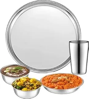Jensons Stainless Steel Dinner Set 5 Pcs | 1 Dinner Plate, 3 Bowls & 1 Tumbler | Premium Thali Set