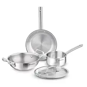 Bergner TriPro 4 Pcs Tri-Ply Stainless Steel Induction Bottom Cookware Set - 22cm (2L) Kadai and 22cm (1L) Frypan with Common Stainless Steel Lid, 14c
