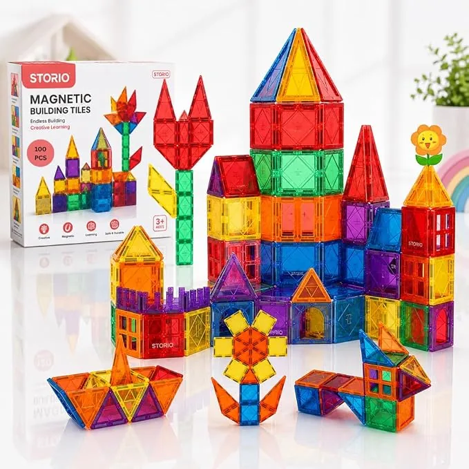 Storio 100 Pieces Magnetic Tiles Magnet for Girls Boys Sensory Magnetic Blocks Building Toys for Kids Preschool Learning Montessori Toy for 3 Year Old