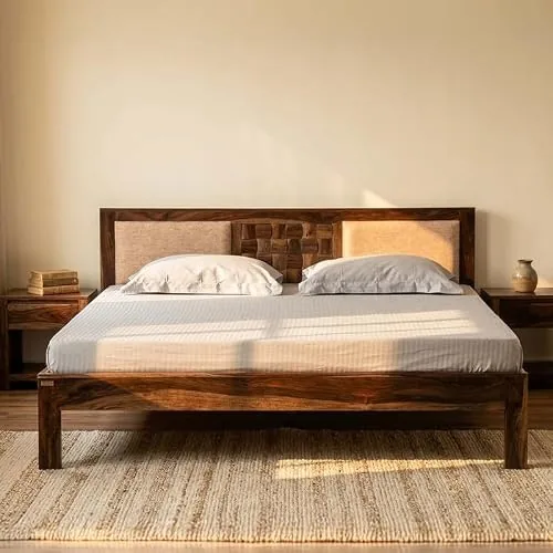 Royaloak Regal King Bed, Sheesham Wood Frame with Fabric Upholstered Headboard & Nivar Base, Durable & Sturdy Wooden Bed for Master Bedroom