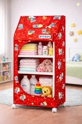 Kids Almirah  Lightweight, Collapsible Storage Organizer for Clothes, Books, Shoes & Toys | Multipurpose Baby Wardrobe (4 Tray_Red)