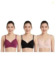 Amazon Brand - Symbol Women's Cotton Stretch Padded Wire Free Medium Coverage T-Shirt Bra (Pack of 3) (BRA-13 Cont_Blck-Blush-Wine_32B)