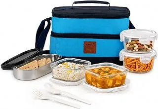 CELLO All Day Meal Glass Lunch Box for Office Use Sky Blue | 2 x 320ml Square, 1 x 240ml Round, 130ml Oval Containers with Spoon & Fork, Leadfree Leak