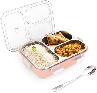 ATTRO Bento 3 Compartment Stainless Steel Lunch Box with Steel Cutlery Inside, Heating & Water Insulation Design Use for Office, School & Travelling,