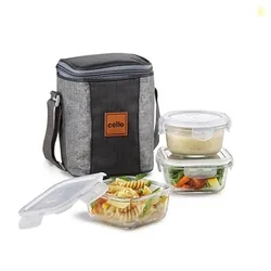 Glassy Mix Lunch Box with Jacket for Office, Transparent | 2 x 320ml, 1 x 240ml Glass Containers, Microwave Safe Leadfree Toughened Glass, Airtight Le