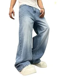 Jeans for Men | Loose Fit Baggy Denim Pants | Mens Stylish Light Blue Wide Leg Vintage Washed Trousers | Casual Button Front Classic Pocket Styling Co
