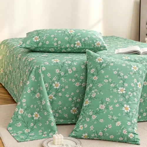 BSB HOME 100% Cotton Feel Double Bed Bedsheet Set | 144 TC Soft & Breathable | Mint Green White Flower Print with 2 Pillow Covers | Wrinkle Free | for Bedroom (90 x 90 Inches)