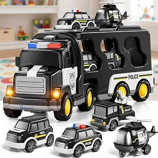 GRAPHENE 5 in 1 Friction Powered Police Truck Toy Car Set for Boy 3-10 Years Transport Vehicle Montessori Carrier Educational Light Music Pullback 1 M