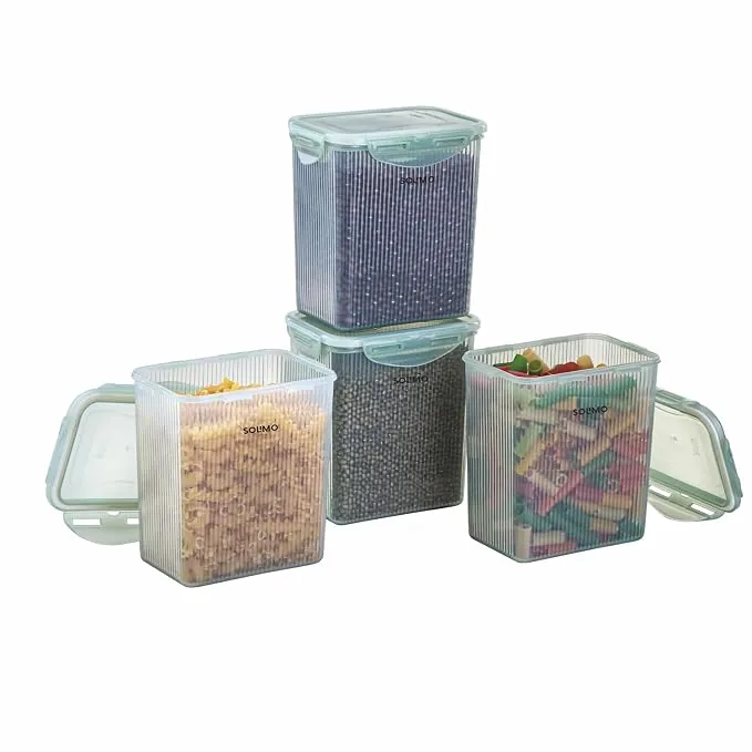 Amazon Brand - Solimo Linea 4 Side Lock Airtight Plastic Storage Containers Food Grade Set of 4 (1.5L Each) | BPA-Free Durable Kitchen Storage | Stackable Pantry & Meal Prep Containers Coral Green