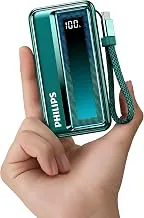 Philips 10000mAh 30W Max Fast Charging Power Bank (Chrystal Teal) with Built-in Cable | Type-C Input/Output | 3 Output Ports | Lithium Polymer | Porta