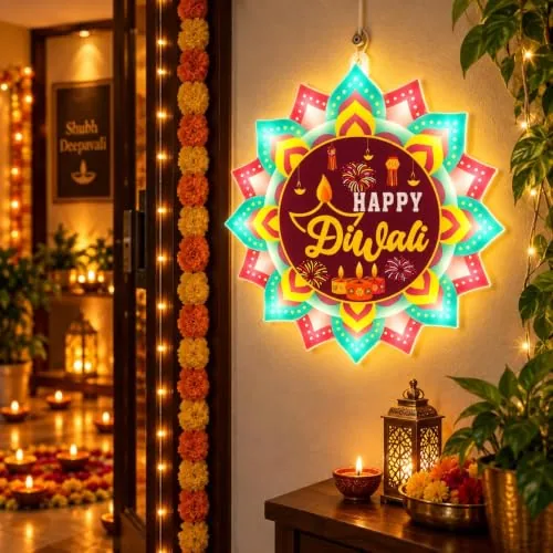 Desidiya® Happy Diwali LED Hanging Light | Warm White Double-Sided | Perfect for Diwali décor, entrances, balconies, pooja rooms, gifting and celebrations.