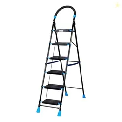 Curvo-Foldable Step Ladder, Ribbed Steps, Knee Guard, Non-Marring PVC Shoes, 6 Steps (Black & Blue)
