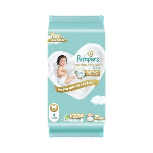 Pampers Premium Care Pant Style Baby Diapers M 4 Count | No Marks Design | Voted Indias #1 Softest Diaper | All in 1 diaper with 360 Cottony Softness