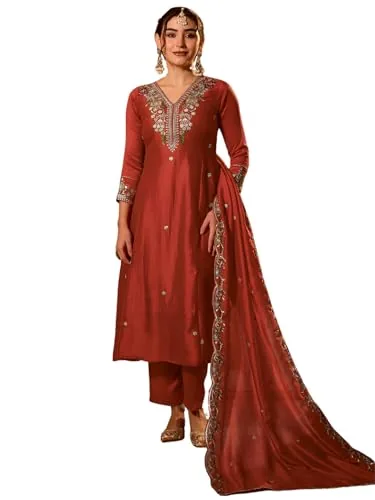 Naixa Women's Vichitra Silk Embroidered Flared Kurta with Pant and Dupatta Sets (NX5-695)