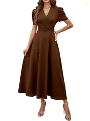 Shasmi Girl's & Women's Solid Color V-Neck A-Line Maxi Dress for Women | New Year Party Outfit | Waist Cinched Puff Sleeve Western | Elegant Casual We