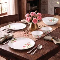 La Opala Novo Opalware Dinner Set, 10 Pcs for Family of 2, Rose Garden | Microwave & Dishwasher Safe, Bone-Ash Free, Plates & Bowls for Dining & Gifti