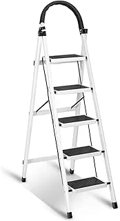 Sulfar Foldable 5-Step Ladder With Wide Anti-Slip Pedal - Sturdy Steel Folding Step Stool for Home, Kitchen, Garden, Office - Adults