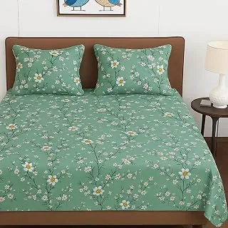 100% Cotton Feel Double Bed Bedsheet Set | 144 TC Soft & Breathable | Mint Green White Flower Print with 2 Pillow Covers | Wrinkle Free | for Bedroom