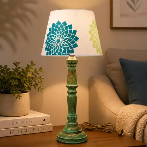 tu casa Classic European Style Inspired Mangowood Aqua Green Table Lamp for Home Decoration, Bedroom, Living Room, Lounge, Office, Study Table (Dahlia Floral Print with Satin Shade) H - 21" / No Blub