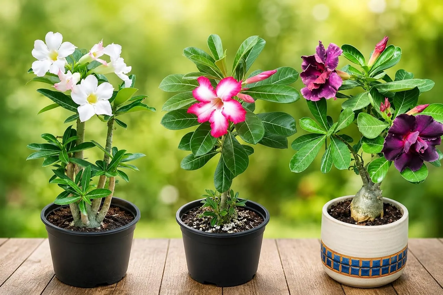 EXOTIC LIVE Premium Live Adenium Desert Rose Plant (PACK OF -3)  Striking Flowering Succulent for Indoor/Outdoor  Unique Bonsai Houseplant with Thick Caudex