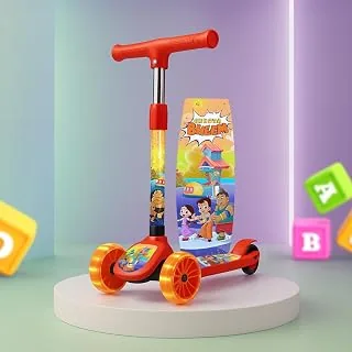 Kidsmate Chhota Bheem Kick Scooter with Broad LED PVC Wheels | Non-Slip Wide Deck with Push Brake Kids Scooter for Age 3+ Yrs | 4-Level Height Adjust