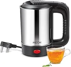 MILTON Stainless Steel Euroline Electric Travel Kettle With Handle, 1000 Watt, 500 Ml | 2 Utility Cups | Auto Shut-Off | Concealed Heating Element |