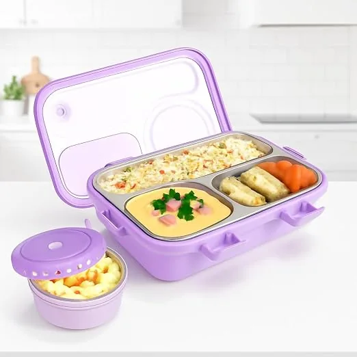 Storio Lunch Box 3 Compartments 750ml | Leak-Proof BPA-Free Stainless Steel Lunchbox for Kids, School & Office | Tiffin Box with Extra Small Container