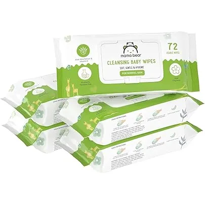 Amazon Brand - Mama Bear Cleansing Baby Wipes With Lid | 360 Wipes | 72 Wipes x 5 Packs | Dermatologically Tested | With Aloe Vera & Vitamin E | Alcoh