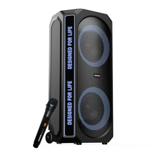 Blaupunkt New Launch Rock & Roll Ibiza 180W RMS Party Speaker with Dual 8 Woofers, Recording Button, Animated Text Display, Bass Boost Button, Wireless UHF Mic, Echo Reverb Control & Portable Wheels