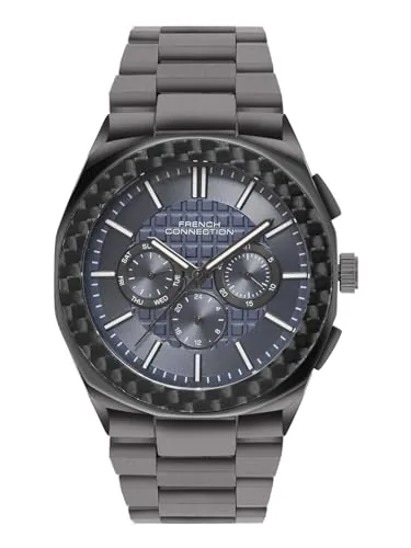 French Connection Textured Blue Round Dial with IP Gun Stainless Steel Metal Strap Multifunction Watch - for Mens FCH27GNM