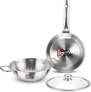 Induction Cookware & Gas Stove Friendly Triply Stainless Steel 3 Pcs Cookware Set | Fry Pan 24cm | Kadai with Glass Lid 24cm | Even & Fast Cooking | 3