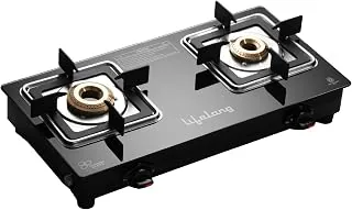 Gas Stove 2 Burner | Premium Brass Burners, Glass Top, Manual Ignition | Square Pan Support, ISI Certified LPG Stove for Modular Kitchen | Black, 1 Ye
