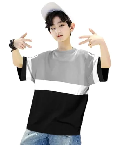 EYEBOGLER Boy's Trendy Round Neck Half Sleeves Loose FIT Colorblocked T-Shirt