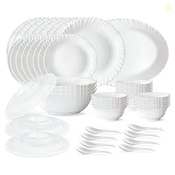 Larah by Borosil 47 pc Opalware Dinner Set for Family of 8 (White) | Microwave & Dishwasher Safe Silk Series Crockery for Dining & Gifting, Bone Ash F