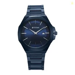 Titan Classic Slim Quartz Analog with Date Blue Dial Stainless Steel Strap Watch for Men-90167QM01