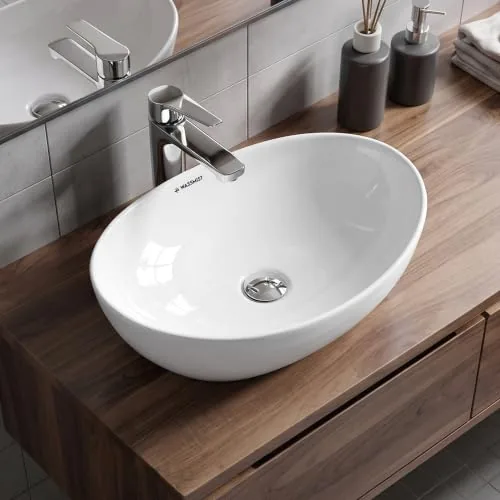 WASSMIST Wash Basin | Table Top Washbasin for Bathroom | Ceramic Oval