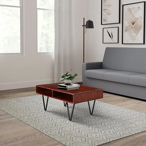 Amazon Brand - Solimo Mescla Coffee Table with 2 Shelves (Solid Acacia Wood and Iron, Honey Finish)