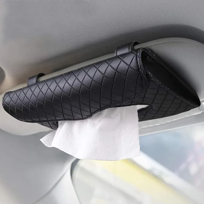 Car Tissue Holder Visor Mount PU Leather Organizer Case Black 9.4x5.1 Inch Diamond Quilted Pattern  Dual Clip Attachment  Easy Pull Dispensing  Mul